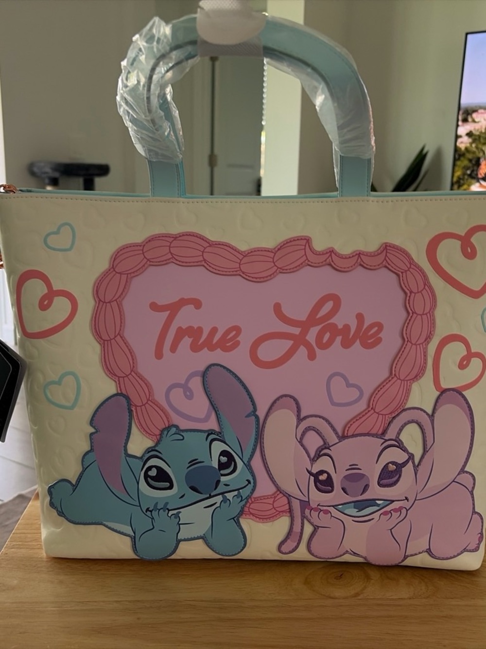 Loungefly Pastel Stitch & Angel "True Love" Tote - Blue Pink Cream